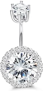Sllaiss CZ Halo Belly Button Rings for Women 925 Sterling Silver 14G Belly Rings Round Cubic Zirconia Body Jewelry Curved Barbells Navel Rings 3/8" 10mm