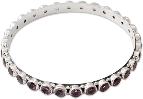 NOVICA Handmade .925 Sterling Silver Amethyst Bangle Bracelet 22carat Fair Trade Purple India Orchid Birthstone Bollywood [7.5 in Inner Circ. x 0.2 in W] 'Spiritual Energy'