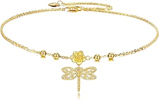 KECHO Dragonfly Ankle Bracelets Jewelry Gifts for Women Girls Yellow Gold Dragonfly Flower Anklet Chain Link Anklets with Adjustable 2.5 inchs Extension Chain
