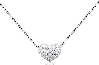 Crystal Heart Necklace Sterling Silver Tiny Pave CZ Love Pendant Choker Necklaces for Women Girls 18K White Gold Plated Dainty Cute Adjustable Box Chain Hypoallergenic Wedding Jewelry Gifts 17"