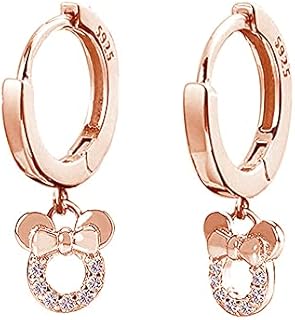 Small Mouse Dangle Hoop Earrings for Women Girls 925 Sterling Silver Pink Cubic Zirconia Charm Animal Mice Huggie Sleeper Hoops Cartilage Hypoallergenic for Sensitive Ear Jewelry (Rose Gold)