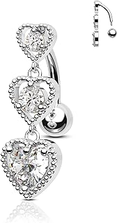 Agrewd Triple Heart Dangle Belly Button Rings 14G Reverse Belly Navel Rings Dangly Cute Belly Piercing Jewelry Stainless Steel