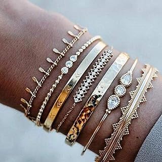 Gold Open Bangle Bracelet with Bead Chain & Lobster Claw Clasp, Enhanced with Rhinestones for Women - Boho Layered Cuff Design (7-piece set)