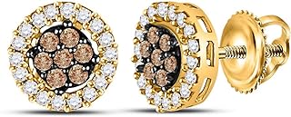 Brandy Diamond 10k Yellow Gold Chocolate Brown Diamond Flower Halo Screwback Stud Earrings 1/4 Ctw