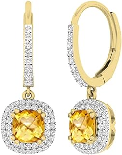 Dazzlingrock Collection 14K 6 MM Each Cushion Gemstone & Round Diamond Ladies Halo Dangling Drop Earrings, Yellow Gold