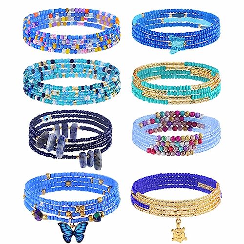 ELABEST 24-39inch African Waist Beads for Women 8Pcs Elastic Belly Beads Colorful Beaded Waist Jewelry Accessories Body Chain