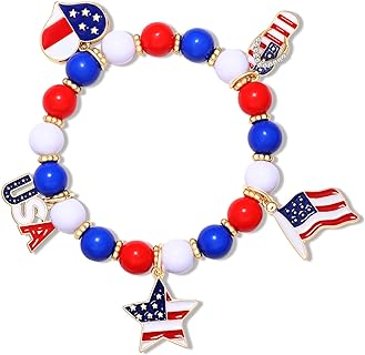 American Flag Bracelet Patriotic Bracelet for Women Girls Red White Blue Beaded Stretch Bracelet 4th of July Star Heart Star Charm Bracelet Jewelry Gift