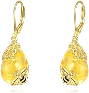 Women's Nature-Inspired Sterling Silver Bee Drop Earrings with Warm Amber Gemstones and Secure Lever Back Design