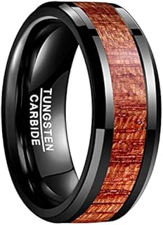 Comfort Fit Koa Wood and Black Tungsten Carbide Wedding Ring for Men, Beveled Edge Design