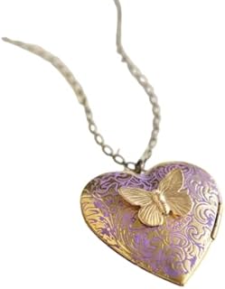 Women's Personalized Butterfly Purple Heart Locket Necklace - Brass, Photo Locket Pendant, Hypoallergenic Jewelry Gift for Girls