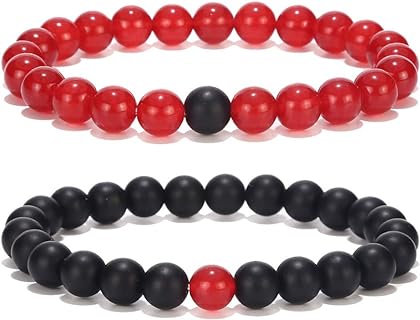 His & Hers OUGWA Black Matte and Red Agate Bead Bracelet with Robust Bead Chain Design