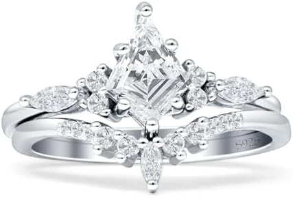 925 Sterling Silver Kite-Cut Cubic Zirconia Engagement Ring Set for Brides, Marquise Crown Stackable Design
