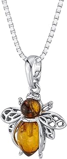 PEORA Genuine Baltic Amber Bee Pendant Necklace and Earrings for Women in Sterling Silver, Rich Cognac Color