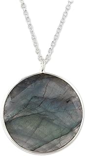 NOVICA Artisan-Crafted Labradorite Pendant Necklace 'Aurora Moon' - Handcrafted in India - .925 Sterling Silver with Cable Chain and Lobster Clasp