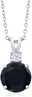 Gem Stone King 925 Sterling Silver Black Onyx and White Topaz Pendant Necklace For Women (3.14 Cttw, Gemstone December Birthstone, Round 10MM, With 18 Inch Chain)