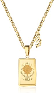 Zodiac Sign Necklace for Women 18K Gold Stainless Steel Chain 20+2 inch Double Sided Constellation Tarot Card Pendant Waterproof Non Tarnish Friendship Jewelry Birthday Gift for Girls
