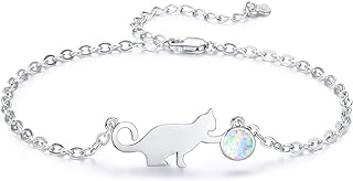 PRAYMOS Cat Bracelets for Women Charm Bracelet Opal 925 Sterling Silver Kawaii Bracelet Hypoallergenic Cat Jewelry for Women Cat Themed Gifts