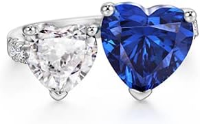 Sterling Silver S925 Created Blue Sapphire Engagement Ring, Heart Open Ring with Cubic Zirconia, High-end Women's Statement Jewelry