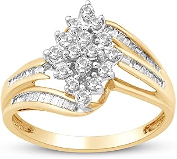 Jewelili 10K Yellow Gold 1/2 Cttw Natural White Round and Baguette Diamond Cluster Ring