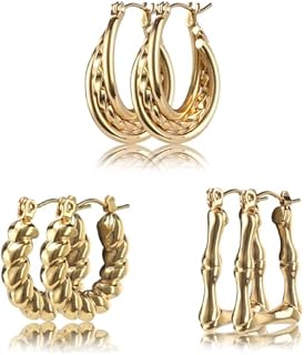 Gold Hoop Earrings Set for Women, 3 Pairs 18K Gold Plated Hypoallergenic Twisted Bamboo Hoops Jewelry