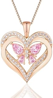 925 Sterling Silver Butterfly Necklace with Cubic Zirconia & Box Chain, Heart Butterfly Design