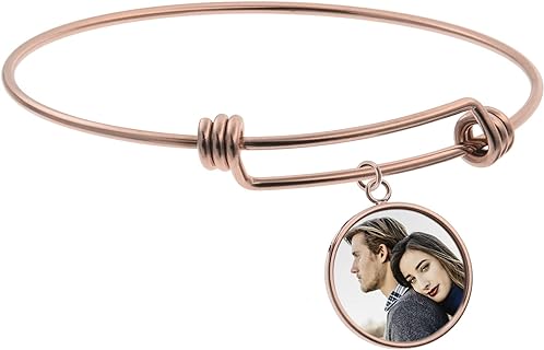 Personalized Photo Text Engrave Custom Message Picture Dangle Charm Adjustable Wire Bangle Bracelet Friend Family Inspirational Gift