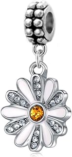 Silver Daisy Flower Charm Bead with Rhinestone Detailing and Enchanting Design