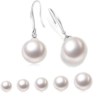 French Wire Back Dangle Earrings with AAA Quality Freshwater Cultured Pearls for Women, Round, 14K Gold Plated 925 Sterling Silver
