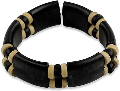 NOVICA Hand-Crafted Sterling Silver Wood Stretch Bracelet with Cord Chain, Traditional Ghanaian Black and Cream Beads, 7.5 Inches - 'Midnight Connection'
