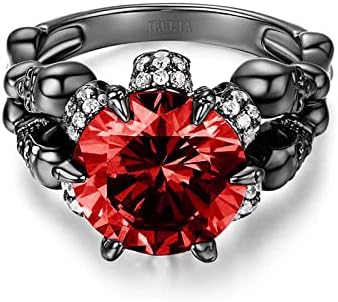 Jeulia Round Cut Silver Skull Ring: Sterling Silver Black Diamond Gothic Ring Band Fashion Anniversary Promise Engagement Wedding Halloween Ring Bride Set for Her with Gift Jewelry Box