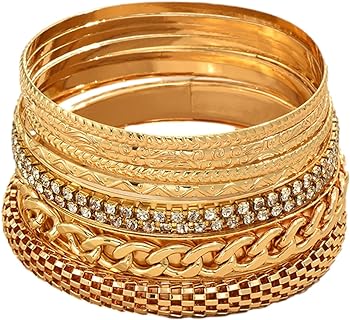 African Beaded Bangle Bracelets with Bead & Cable Chain Clasp for Women - Versatile 8-Piece Bohemian Alloy Set in Vintage Design