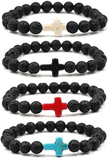 Colorful Bling Bead Chain Religious Bracelet with Alloy Cross Detail, for Men and Women - Adjustable, No-Clasp, Lava Stone Rock Design