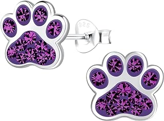 925 Sterling Silver Crystal and Enamel Paw Print Stud Earrings with Push Back for Women, Animal Lovers Design