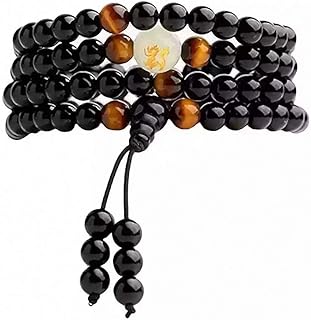 Versatile Obsidian Bead Chain Necklace/Bracelet with Dragon Carving for Men & Women, Glow in Dark Adjustability, No Clasp Design