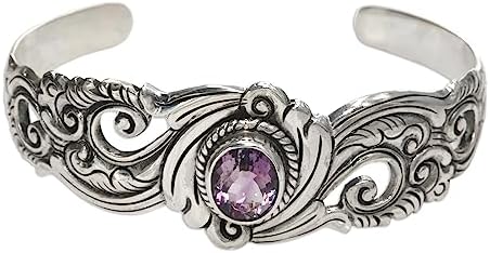 NOVICA Artisan Handmade Amethyst Cuff Bracelet Sterling Silver Purple Indonesia Birthstone Balinese Traditional [6 in L (end to End) x 0.9 in W] ' Regal Ivy'
