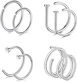 D-Shaped Stainless Steel Nose Ring Set, 8pcs Hypoallergenic Hoops for Piercing Jewelry Enthusiasts, Various Styles and Sizes Available