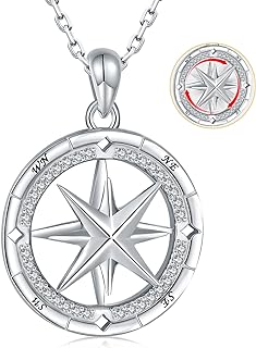Silver Compass Pendant Spinner Necklace - 925 Sterling Silver Dainty Star Compass Spinning Jewelry Necklaces Gifts for Women, Go in The Direction of Your Dreams Inspirational Compass Necklace for Men