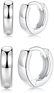 3 Pairs Small Hoop Earrings for Women Men, Sterling Silver Post Sleeper Cartilage Huggie Earring Set, 3mm in Width, Diameter in 8mm 10mm 12mm