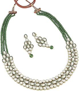 Wedding Wear Indian Kundan Beaded Necklace Earring Set Ethnic Traditional Jewellery for Women (Green)
