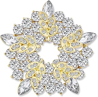 Christmas Elegant Bridal Holiday Marquise CZ Round Crystal White Simulated Pearl Wreath Circle Scarf Brooch Pin For Women Wedding Gold Silver Plated