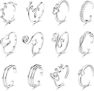 FINREZIO 12PCS Adjustable Toe Rings for Women Flower Moon Star Leaf Heart CZ Band Rings Summer Beach Open Tail Rings Foot Jewelry Gold Silver