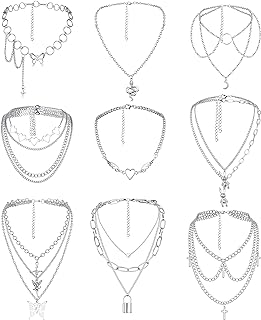 Sanfenly Punk Layered Necklaces for Women Egirls Men Eboys Cross Heart Lock Butterfly Snake Moon Rabbit Pendant Necklaces Gothic Choker Necklaces Silver Chunky Chain Statement Necklaces Y2K Emo Necklace Set