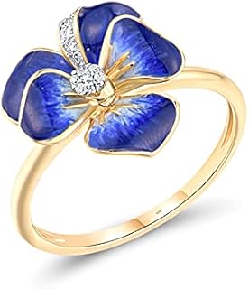 Santuzza Elegance: 10K Yellow Solid Gold & Genuine Diamond Ring with Enamel Flower Design for Women