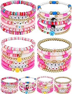 28 Pcs Cheer Preppy Bead Bracelets Cheerleader Gifts Clay Bead Cheer Bracelets Friendship Bracelet Bulk Y2K Stretchy Bracelets for Women Beach Preppy Heishi Pearl Stackable Bracelets Set