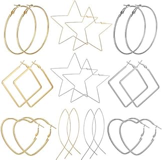 AIDSOTOU 10 Pairs Big Hoop Earrings Set for Women Girls Gold Plated Rose Gold Plated Silver Stainless Steel Hoop Earrings Fashion Large Earrings for Sensitive Ears