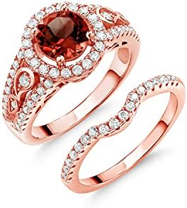 Gem Stone King 18K Rose Gold Plated Silver Red Garnet and White Moissanite Wedding Engagement Ring Band Bridal Set Ring For Women (1.94 Cttw, Gemstone Birthstone, Available In Size 5, 6, 7, 8, 9)
