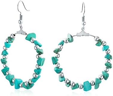 Boho Gemstone Red or Blue Turquoise Chip Big Circle Round Large Hoop Earrings Western Jewelry For Women Teen Silver Tone Plated Brass 3 Inch Diameter