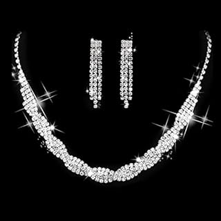 Unicra Bride Silver Necklace Earrings Set Crystal Bridal Wedding Jewelry Rhinestone Bridesmaid Party Choker Drop Dangle for Women and Girls (Silver-2)