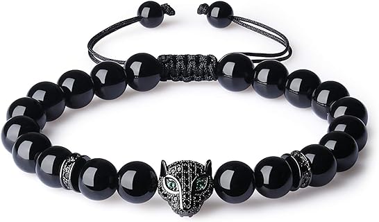 COAI Unisex Black Tourmaline Stone Leopard Charm Bracelet with Lobster Claw Clasp and Nylon String