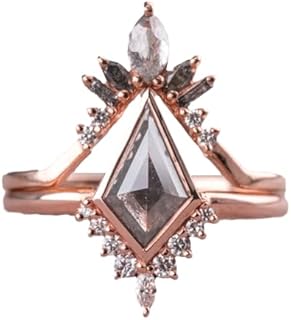 1.5ct Kite Shaped Natural Salt And Pepper Diamond Engagement Ring Set for Women Sterling Silver/10K 14K 18K Gold Salt And Pepper Diamond Engagement Wedding Ring Set Anniversary Promise Rings Free Engraved